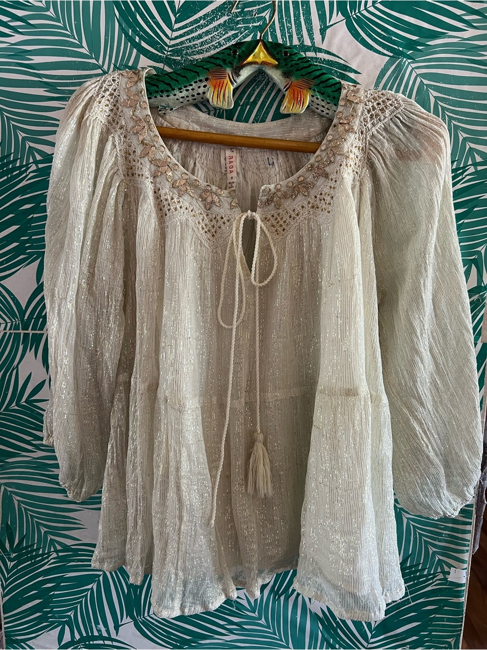 RAGA Madi Shimmer Swing Blouse w/ metallic stripes embroidered neckline sz S